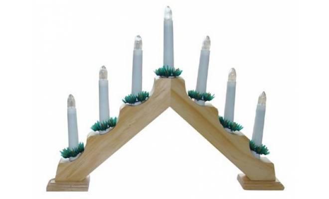Svícen vánoční el. 7 svíček,teplá BÍ,jehlan,dřev.přírodní,do zásuvky